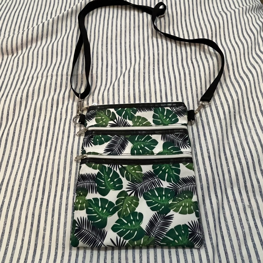 Green and Black Botanical Crossbody Bag with Adjustable Strap
